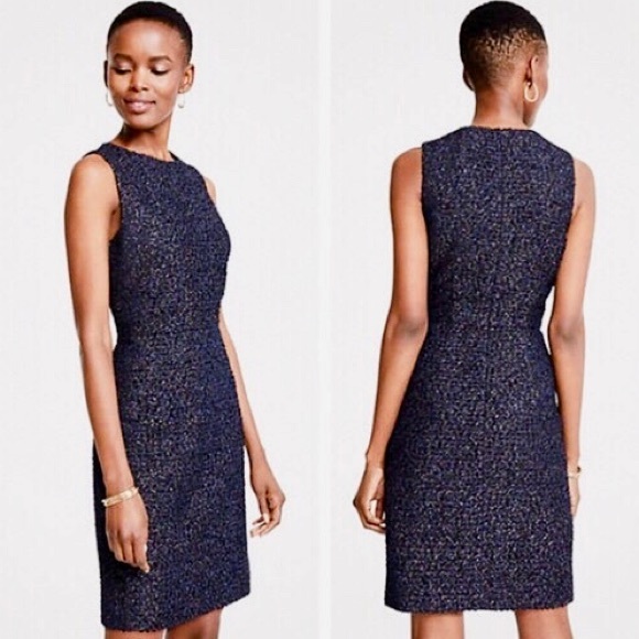 Ann Taylor Dresses & Skirts - Ann Taylor Tweed Navy & Gold Metallic Dress
